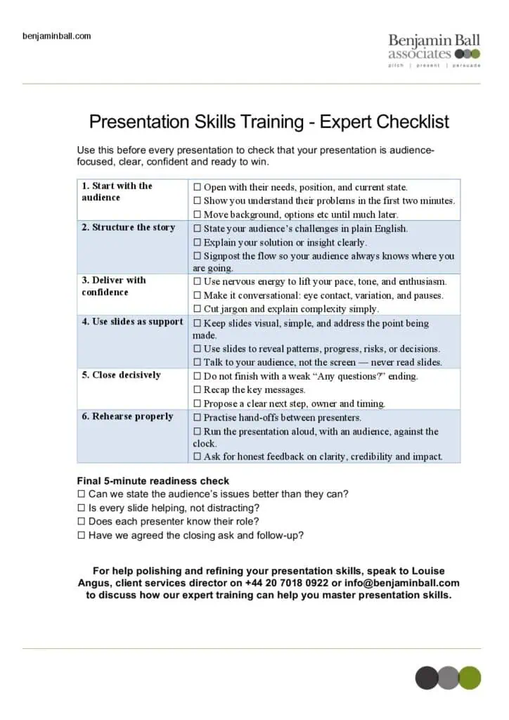 Presentation skills training for UK businesses. Stand out and impress with expert training. 5 presentation skills training checklist. Test your presentation from Benjamin Ball Associates