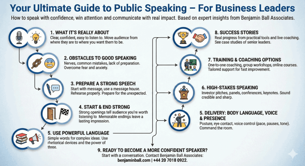 Your Ultimate Guide to Public Speaking - For Business Leaders 5 Ultimate guide to public speaking. Public speaking coaching infographic from Benjamin Ball Associates UK